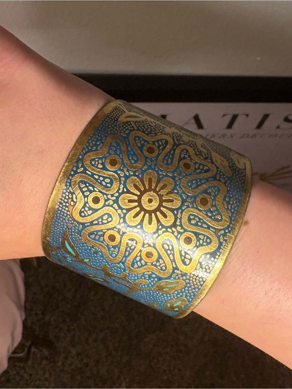 Vintage Blue & Gold Etched Cuff Bracelet